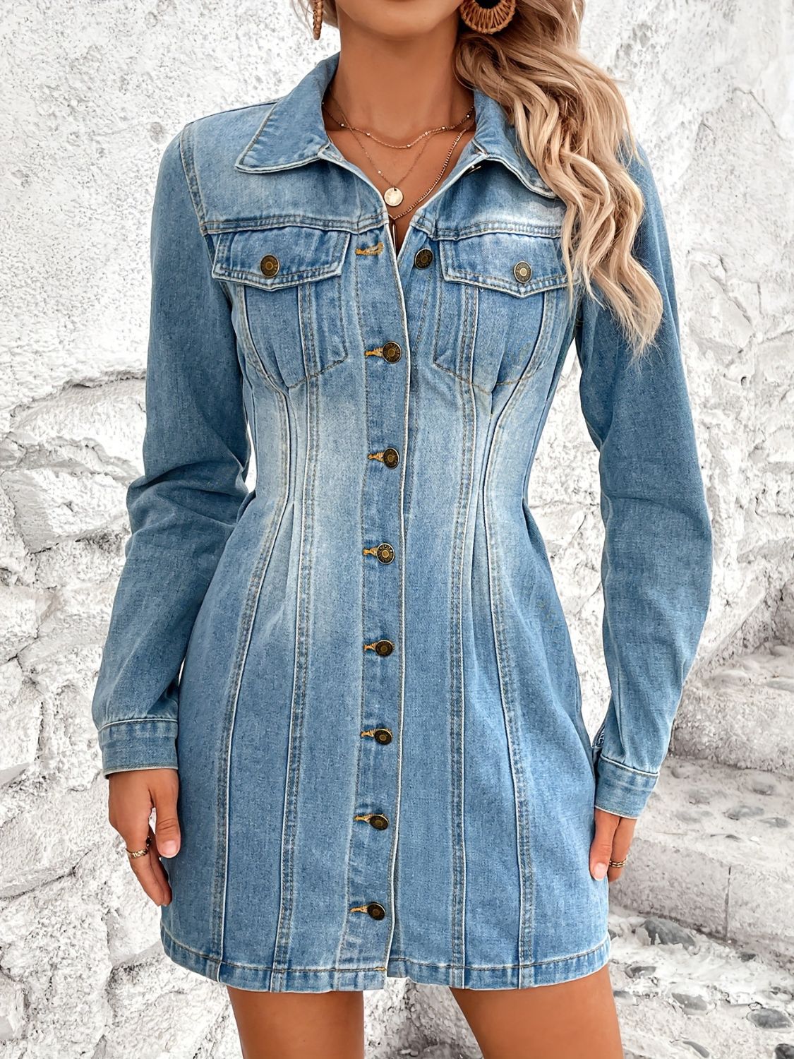 Pocketed Button Up Long Sleeve Denim Dress   