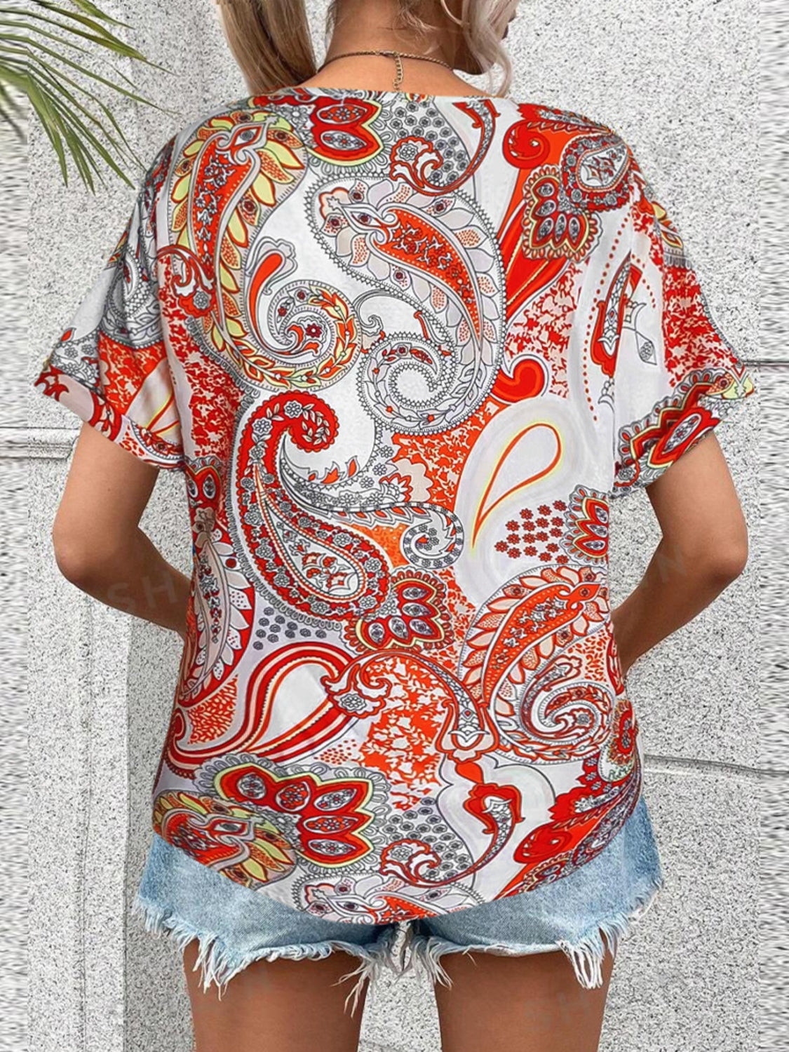 Printed V-Neck Short Sleeve Blouse   