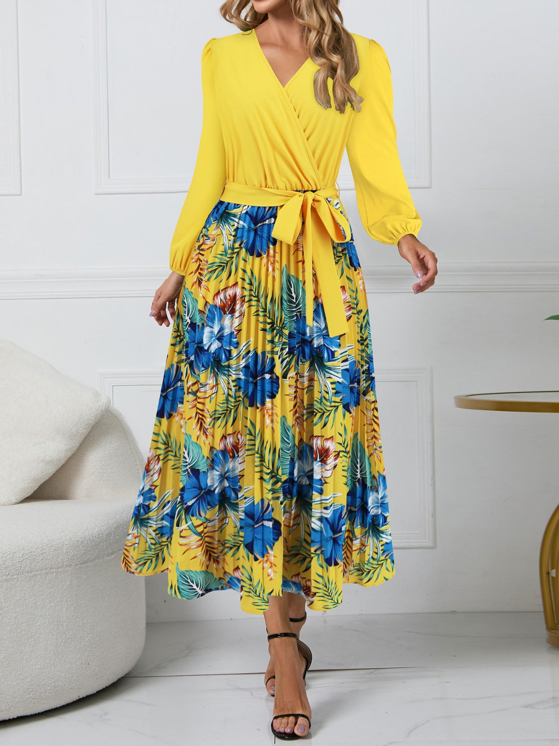 Pleated Printed Surplice Long Sleeve Dress   