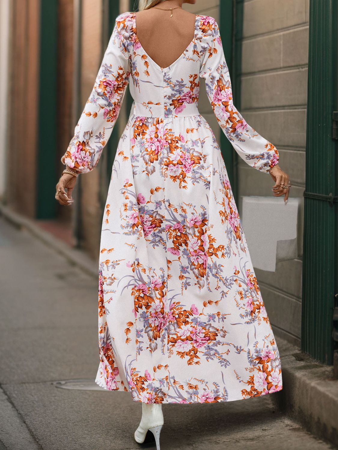 Slit Printed Surplice Long Sleeve Maxi Dress   