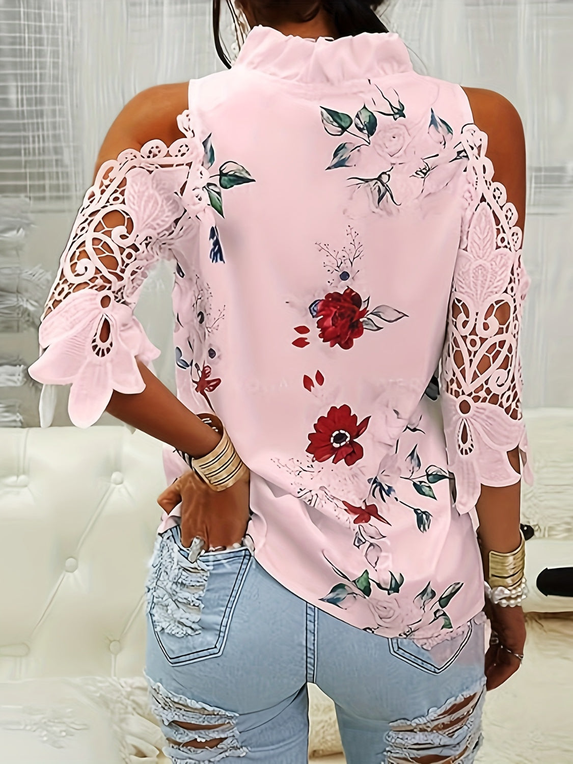 STUNNLY  Full Size Lace Printed Half Sleeve Blouse   