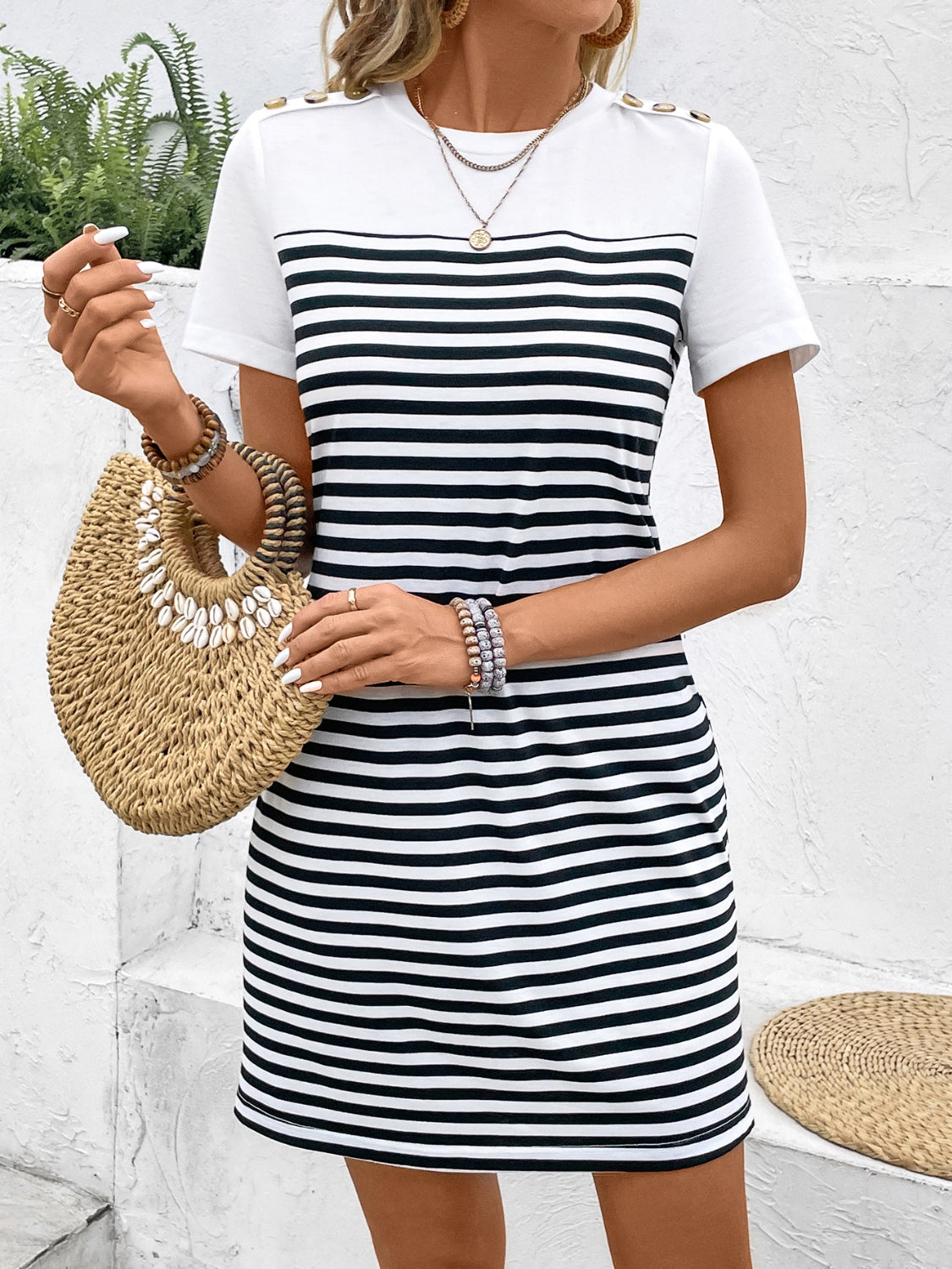 STUNNLY  Striped Round Neck Short Sleeve Mini Tee Dress White S 