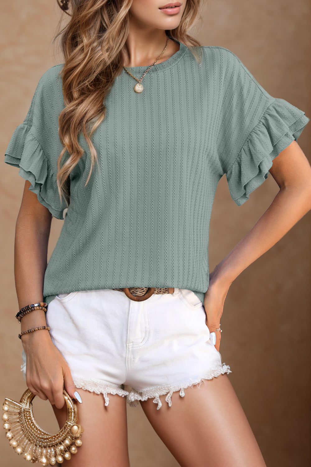 STUNNLY  Round Neck Flounce Sleeve Blouse Sage S 