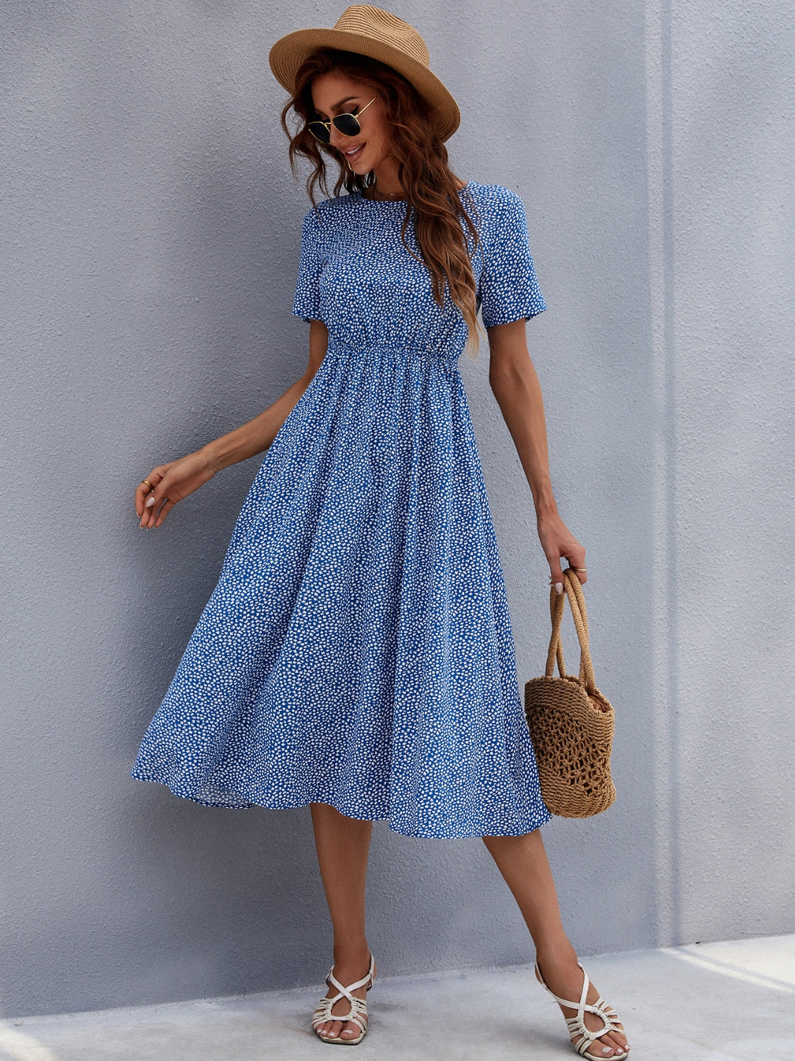 Printed Round Neck Short Sleeve Midi Dress   