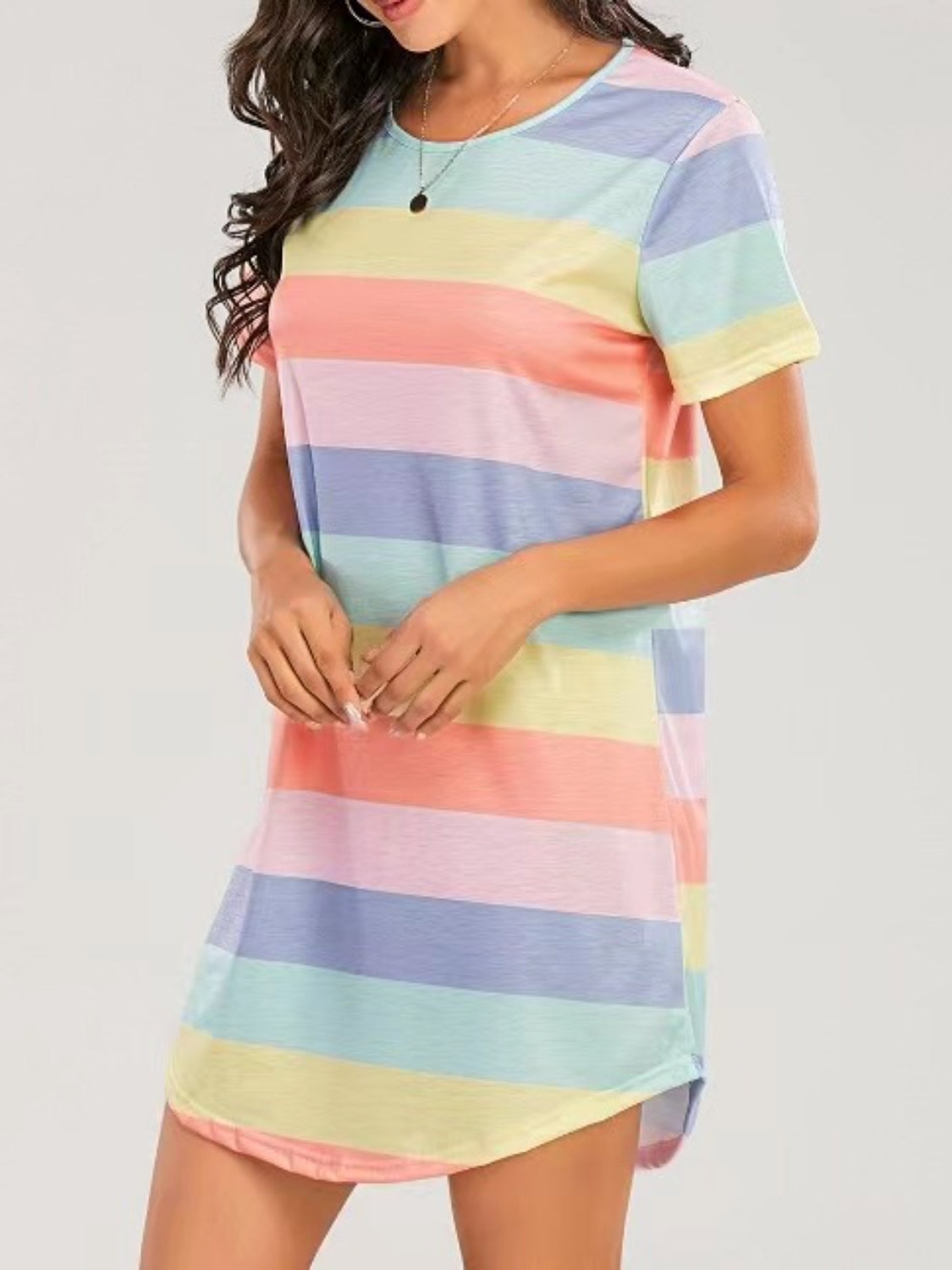 Striped Round Neck Short Sleeve Tee Dress   