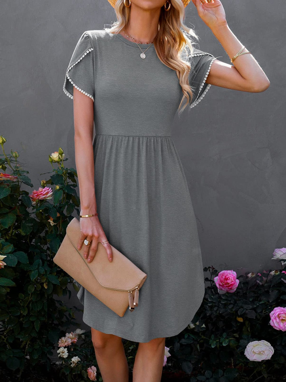 Round Neck Petal Sleeve Dress Dark Gray S 