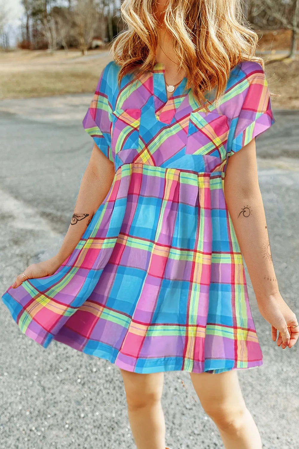 Plaid Notched Short Sleeve Mini Dress Plaid S 