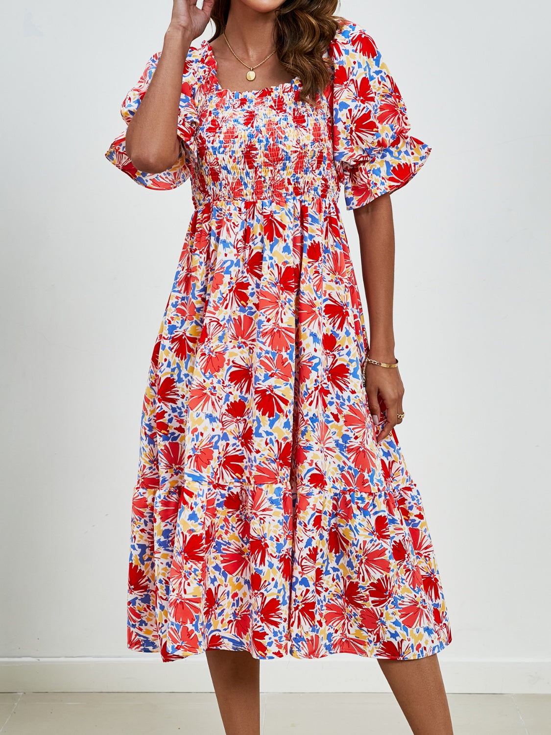 Smocked Floral Square Neck Short Sleeve Dress   