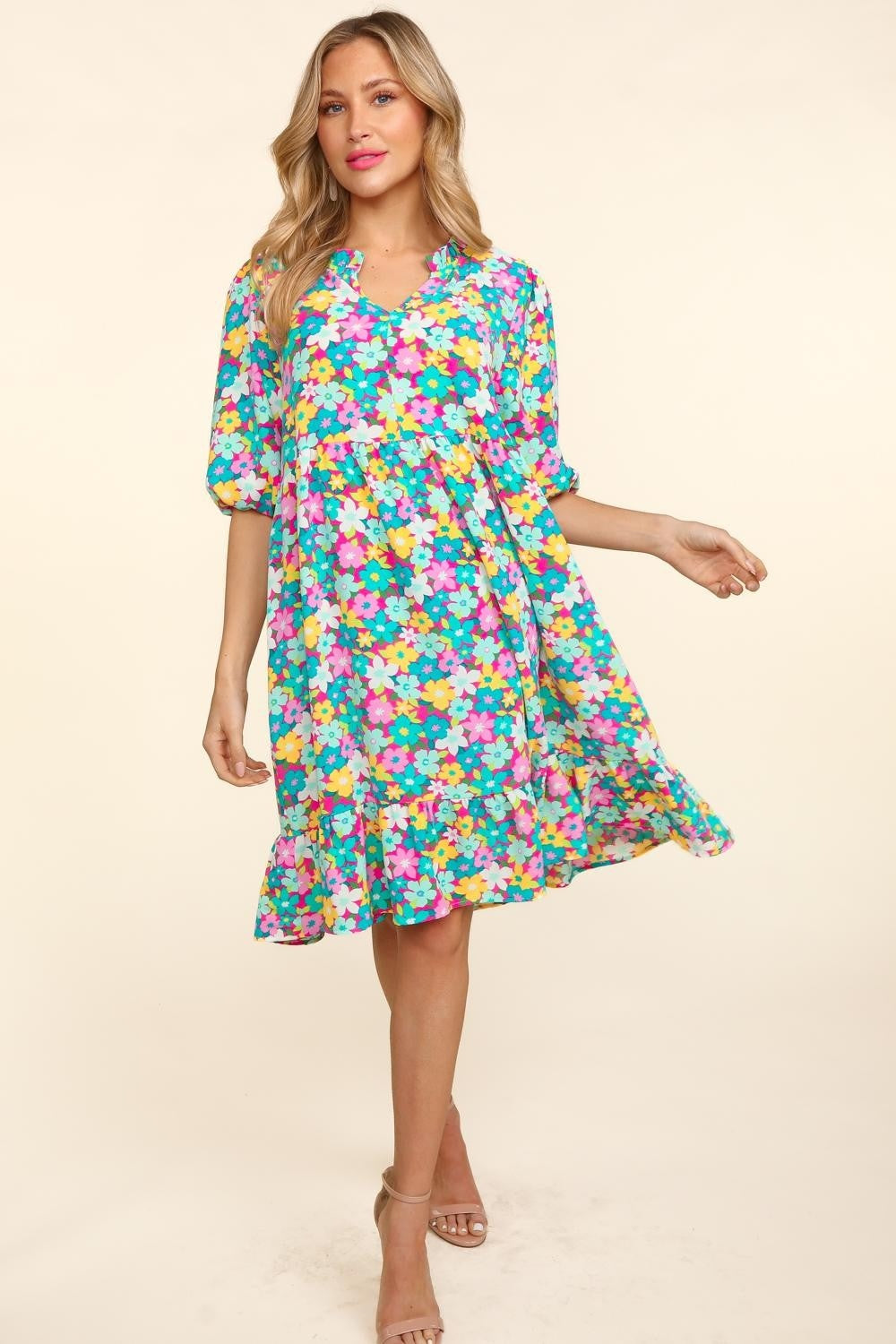 Haptics Bubble Sleeve Floral Ruffled Dress Mint/Fuchsia S 