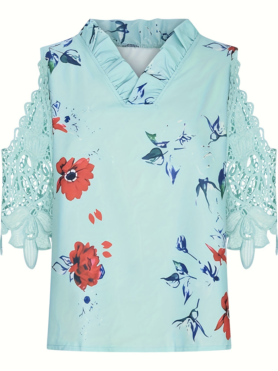 STUNNLY  Full Size Lace Printed Half Sleeve Blouse   