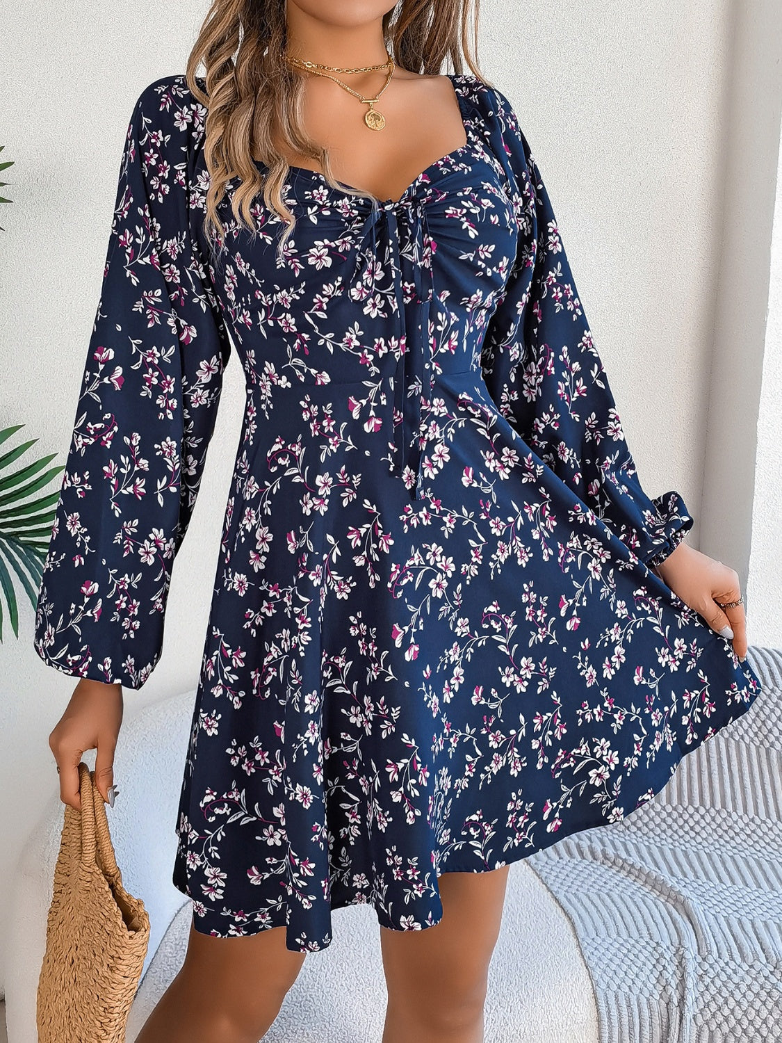 Printed Sweetheart Neck Balloon Sleeve Mini Dress   