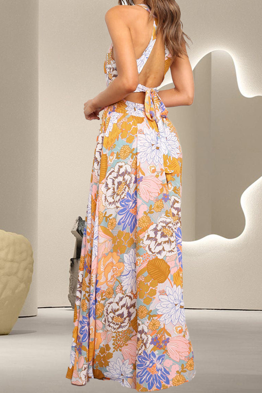 Tied Printed Grecian Sleeveless Maxi Dress   