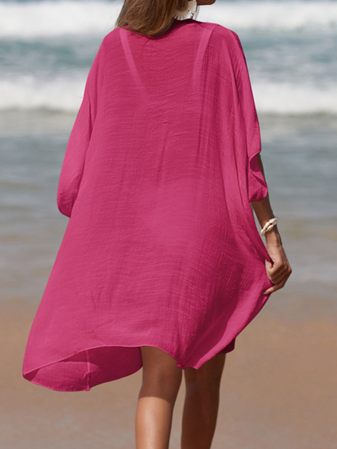 Cutout V-Neck Three-Quarter Sleeve Cover Up   