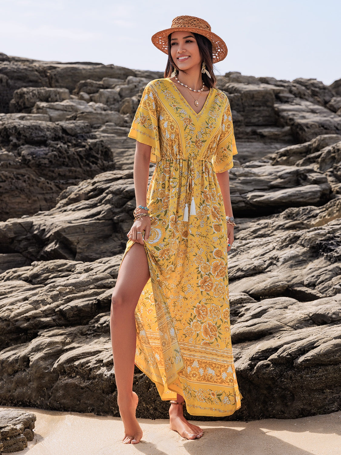 Drawstring Printed Plunge Half Sleeve Dress Gold S 