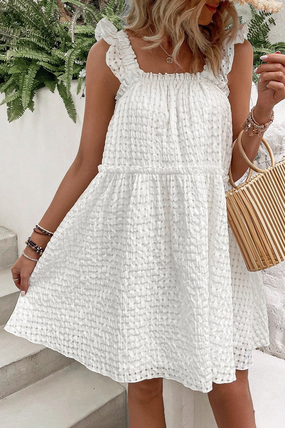 Ruffled Square Neck Wide Strap Dress   