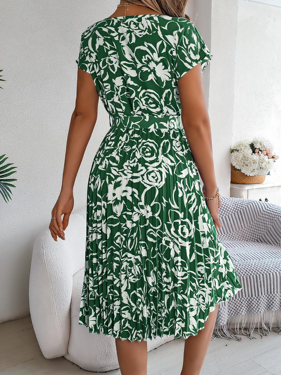 Tied Pleated Printed Short Sleeve Dress   