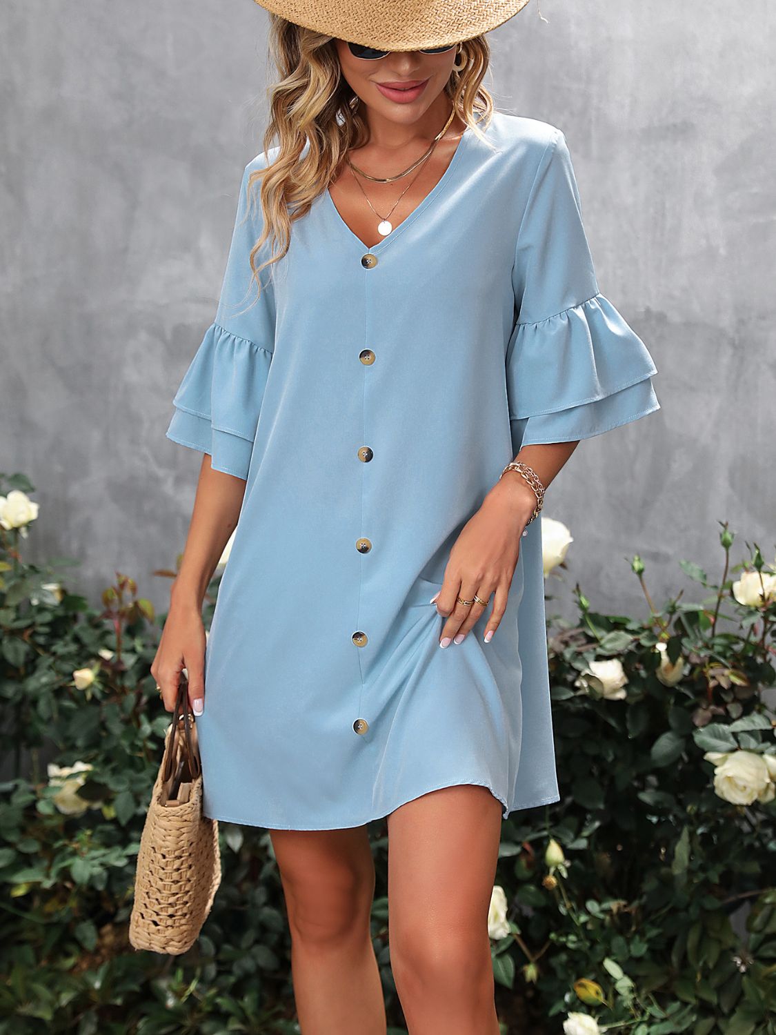 V-Neck Half Sleeve Mini Dress   