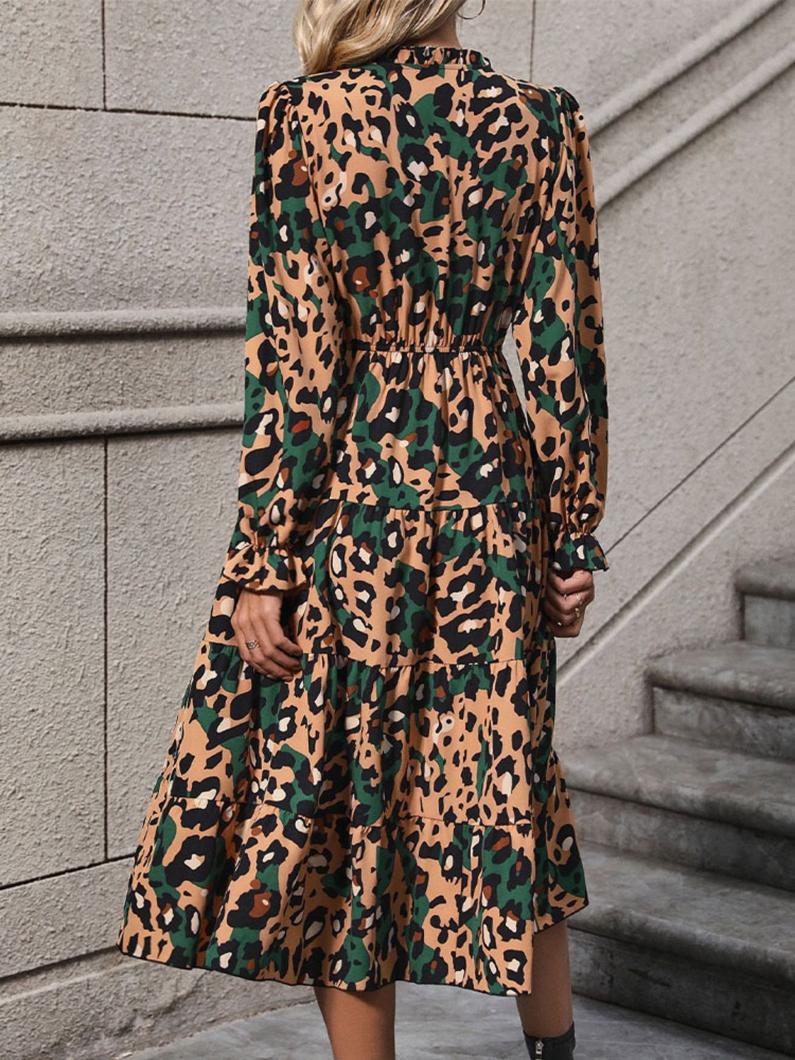 Leopard Notched Flounce Sleeve Midi Dress   