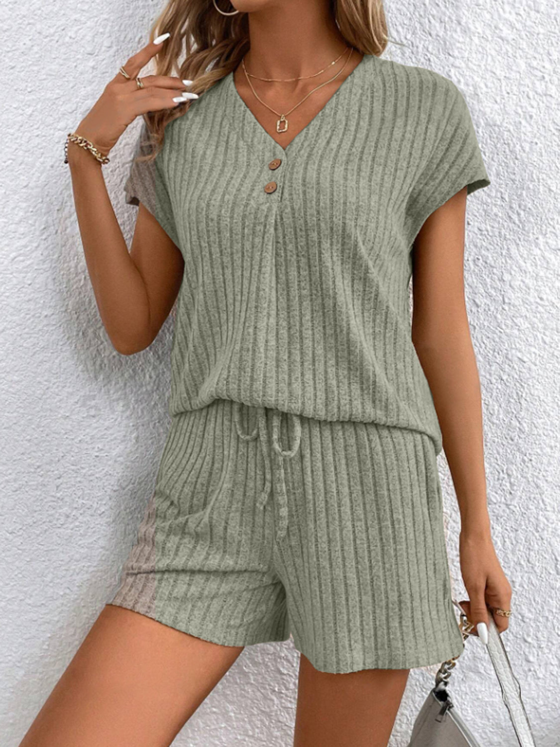 STUNNLY  Ribbed V-Neck Top and Shorts Set   