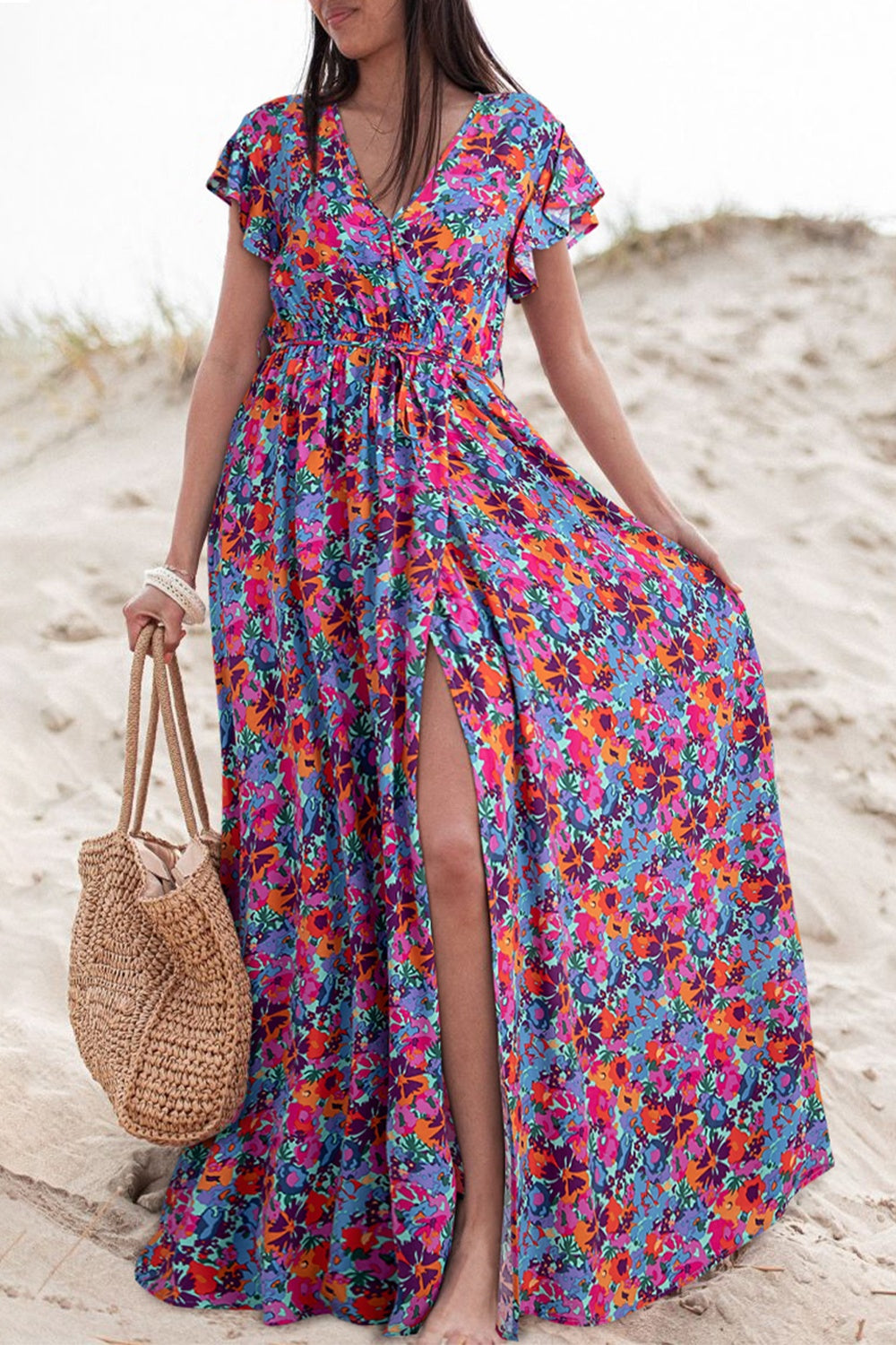 Slit Printed Cap Sleeve Maxi Dress Floral S 