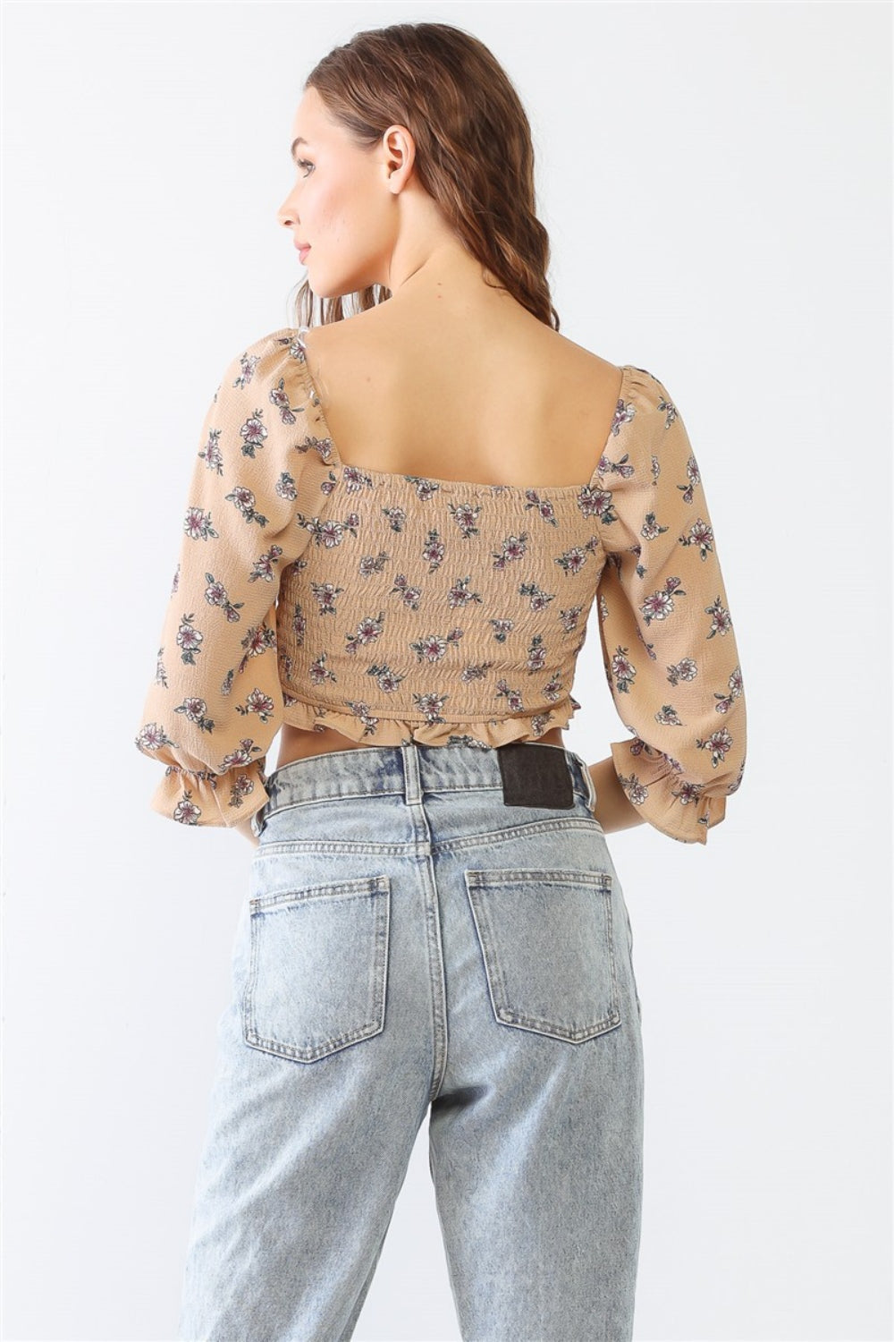 STUNNLY  Tasha Apparel Floral Ruffle Smocked Back Ruched Crop Top   