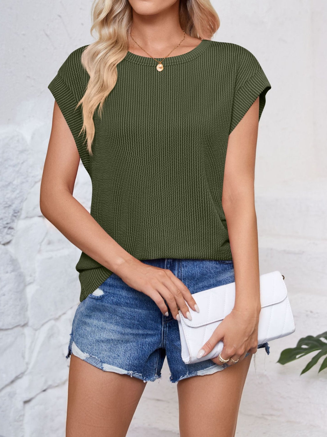 Textured Round Neck Cap Sleeve Blouse   