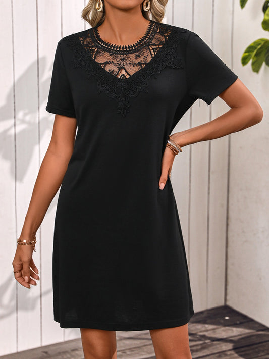 Lace Detail Short Sleeve Mini Dress Black S 