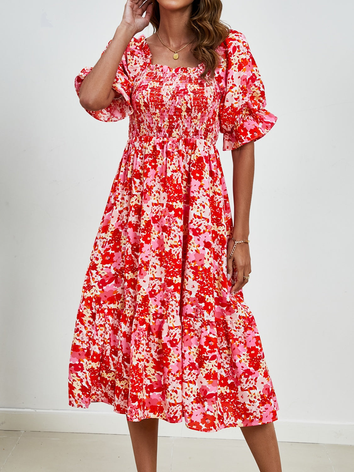 Smocked Floral Square Neck Short Sleeve Dress   