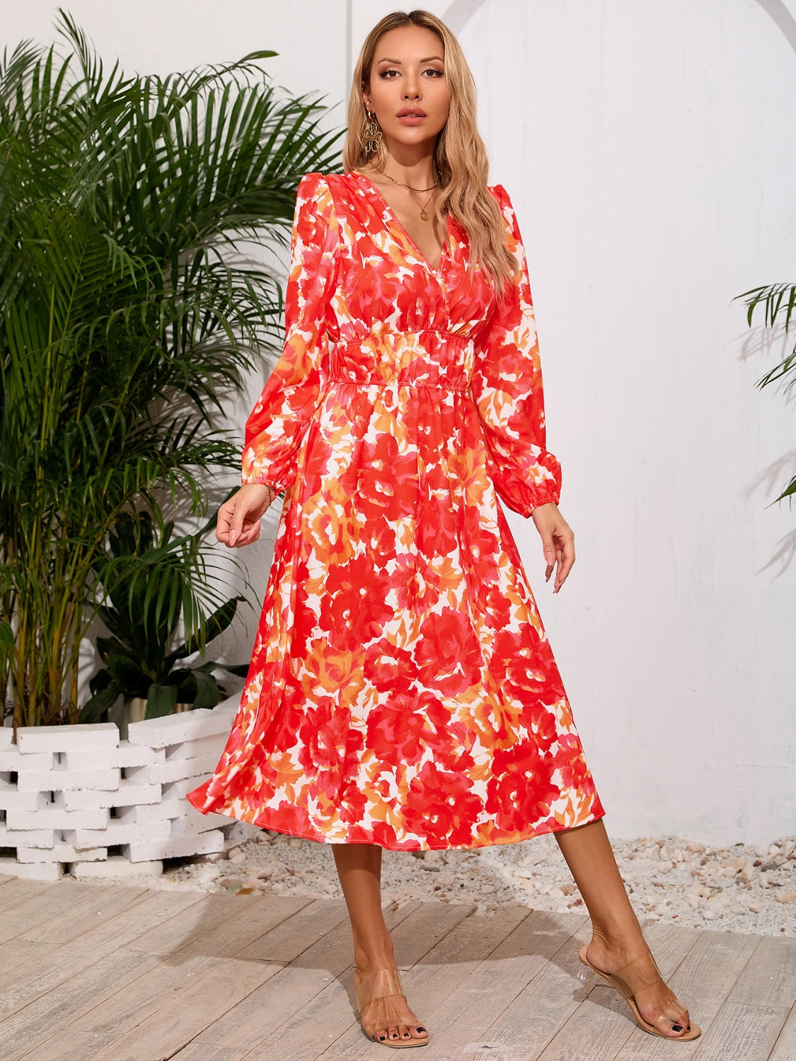 Printed Surplice Long Sleeve Midi Dress   