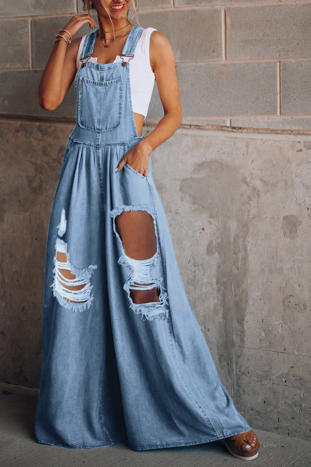 STUNNLY  Distressed Wide Leg Denim Overalls   