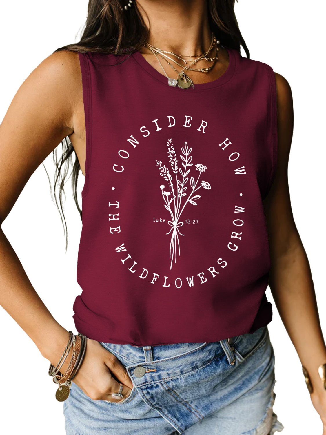 STUNNLY  Graphic Round Neck Tank Wine S 