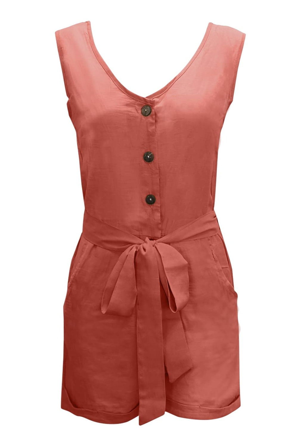 Full Size Tied V-Neck Sleeveless Romper with Pockets   