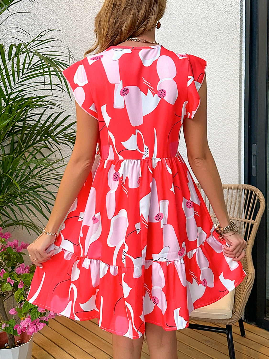 STUNNLY  Printed Notched Cap Sleeve Dress   