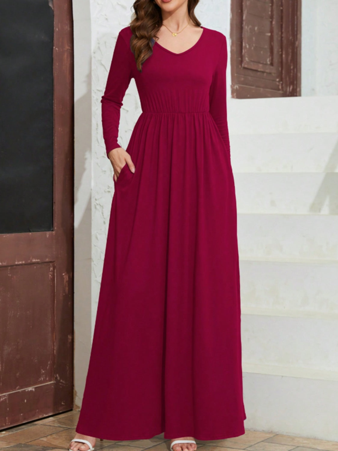 Pocketed V-Neck Long Sleeve Maxi Dress Burgundy S 