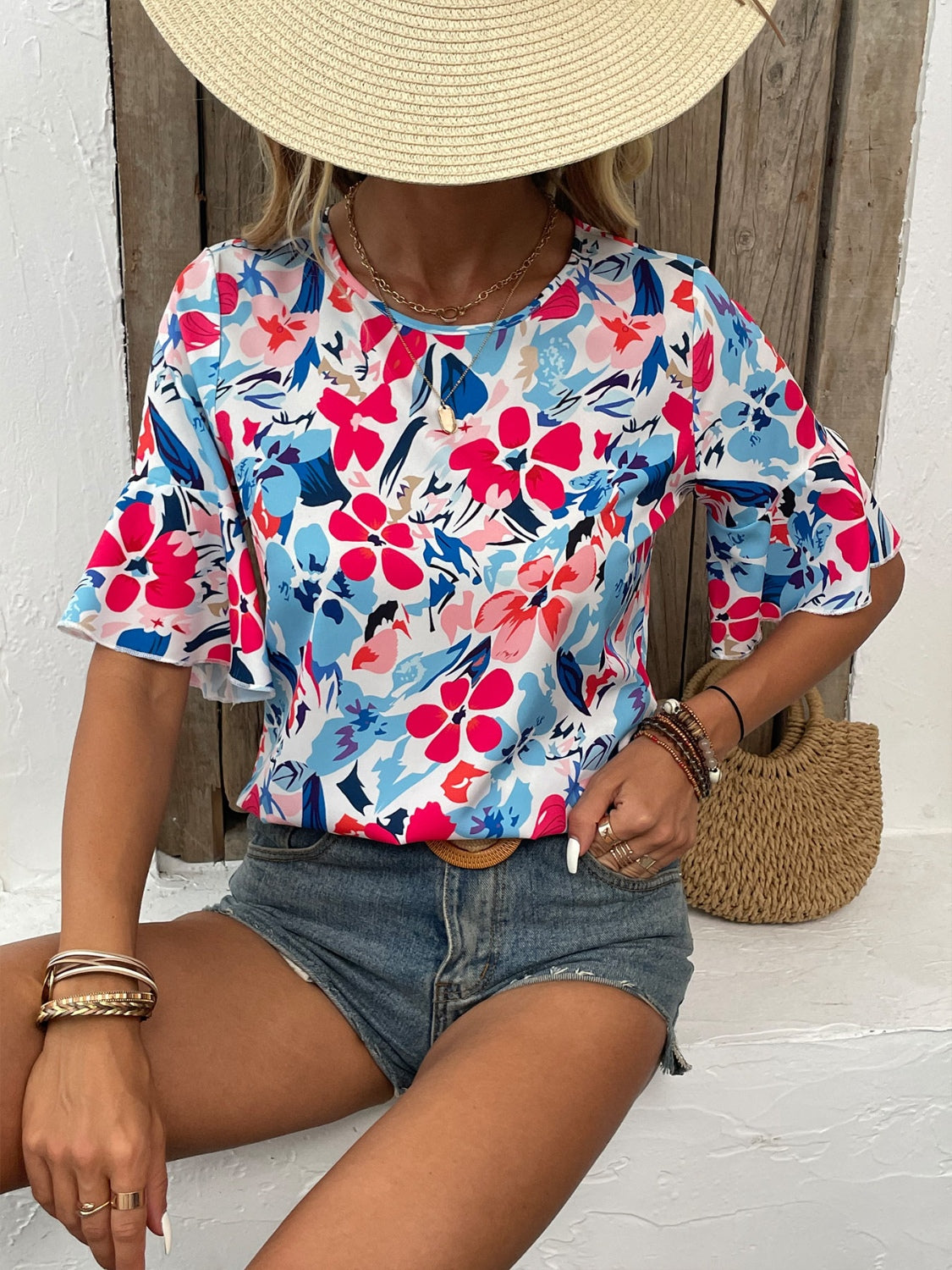 STUNNLY  Printed Round Neck Flounce Sleeve Blouse   