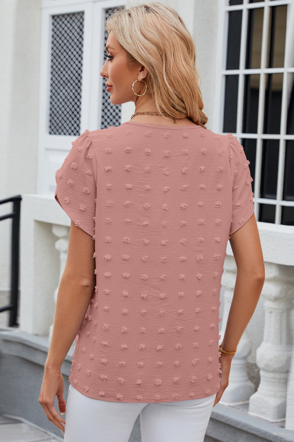 STUNNLY  Swiss Dot Round Neck Petal Sleeve Blouse   