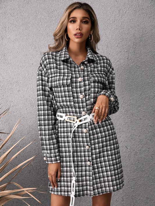 Pocketed Plaid Long Sleeve Mini Dress Black S 