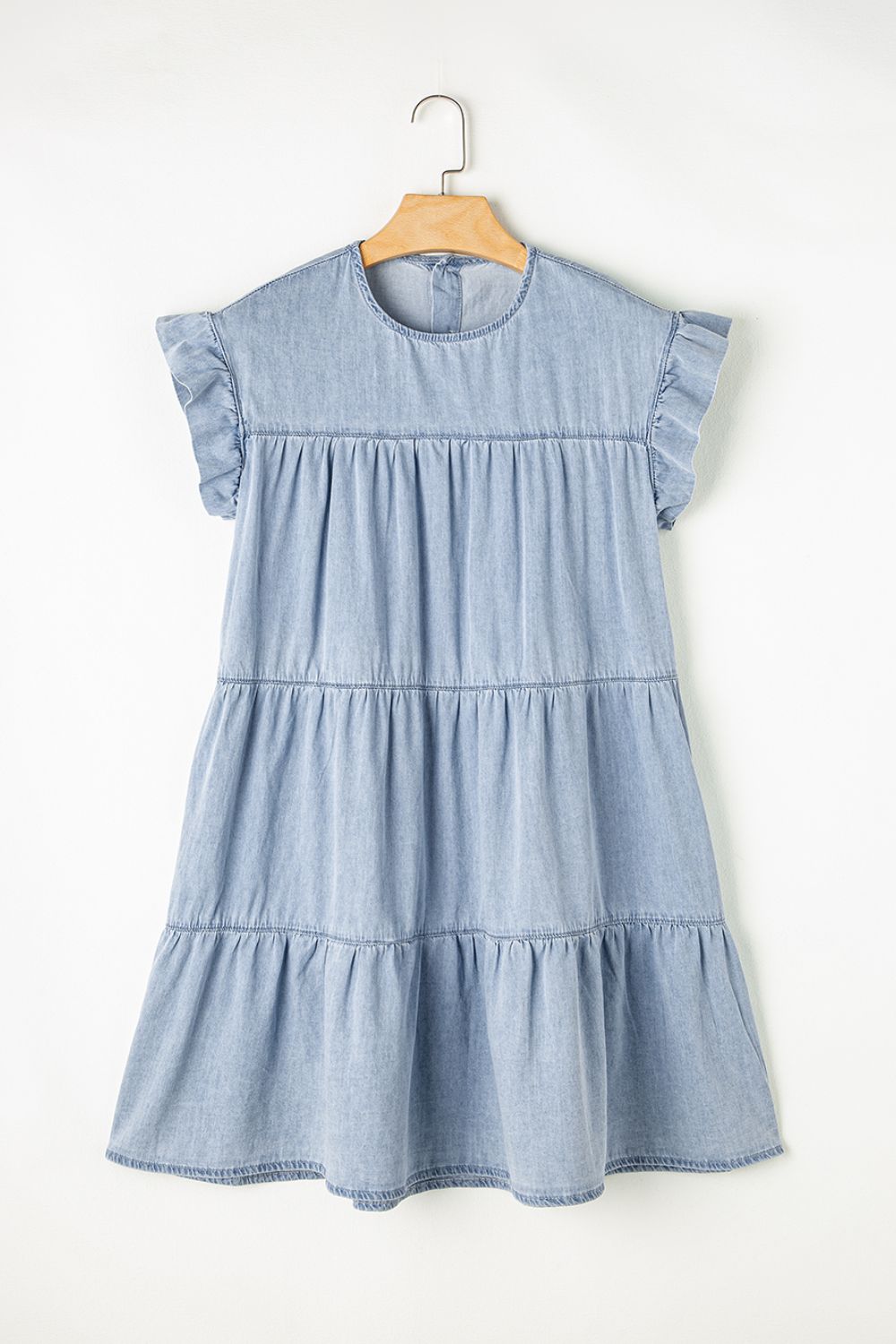 Ruffled Round Neck Cap Sleeve Denim Dress   