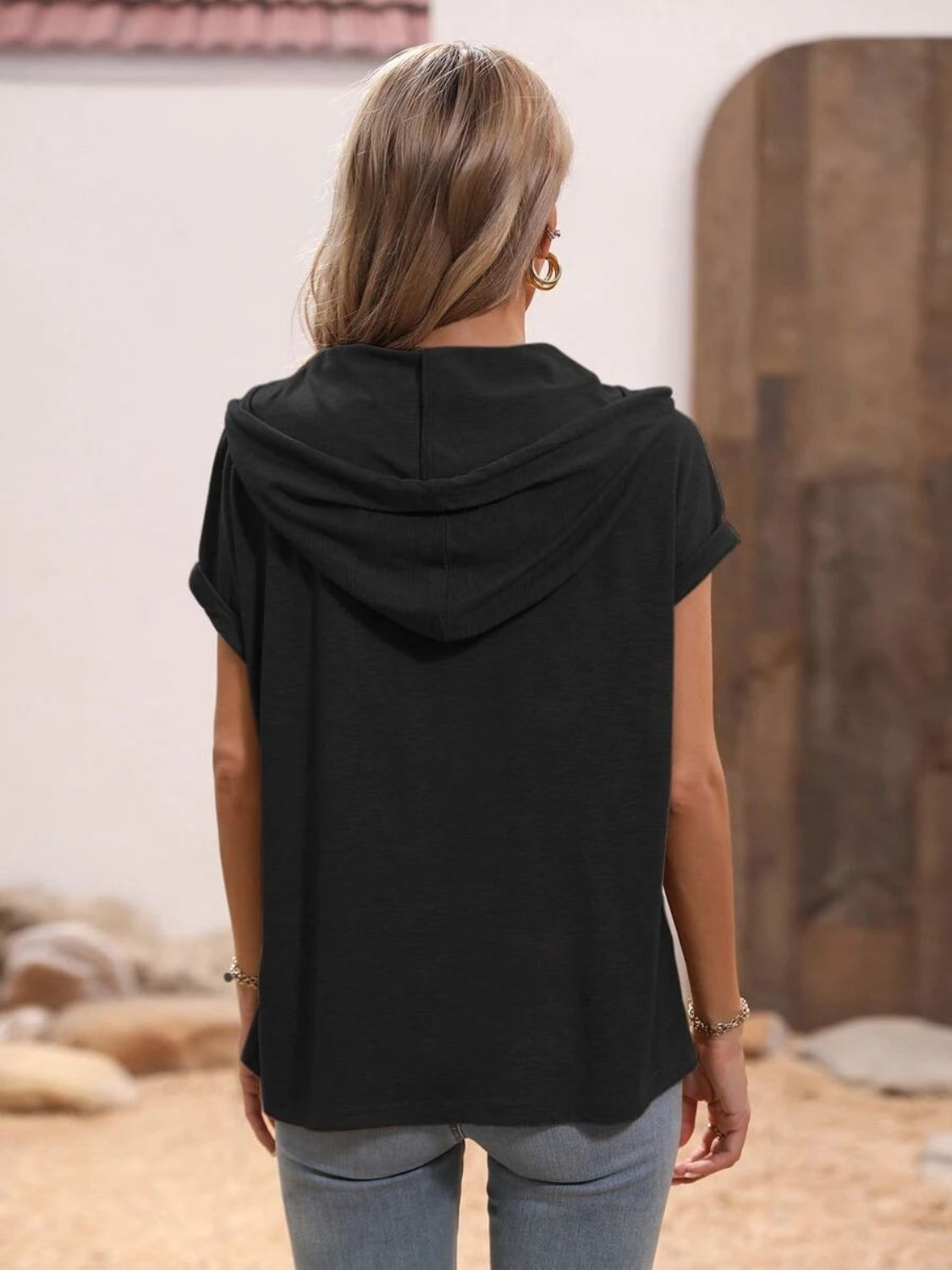 Half Button Hooded Short Sleeve Blouse   