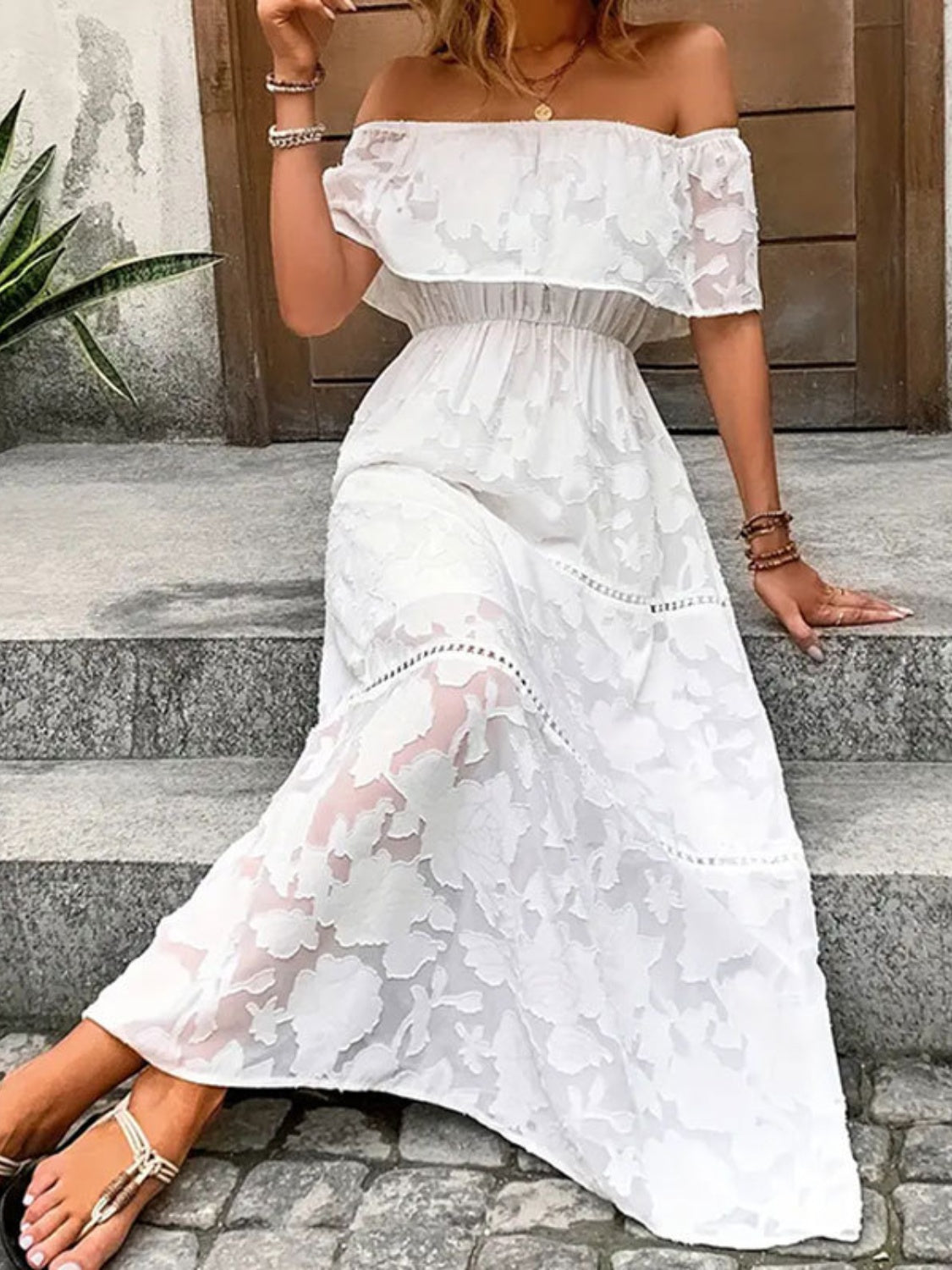 Off-Shoulder Short Sleeve Maxi Dress   