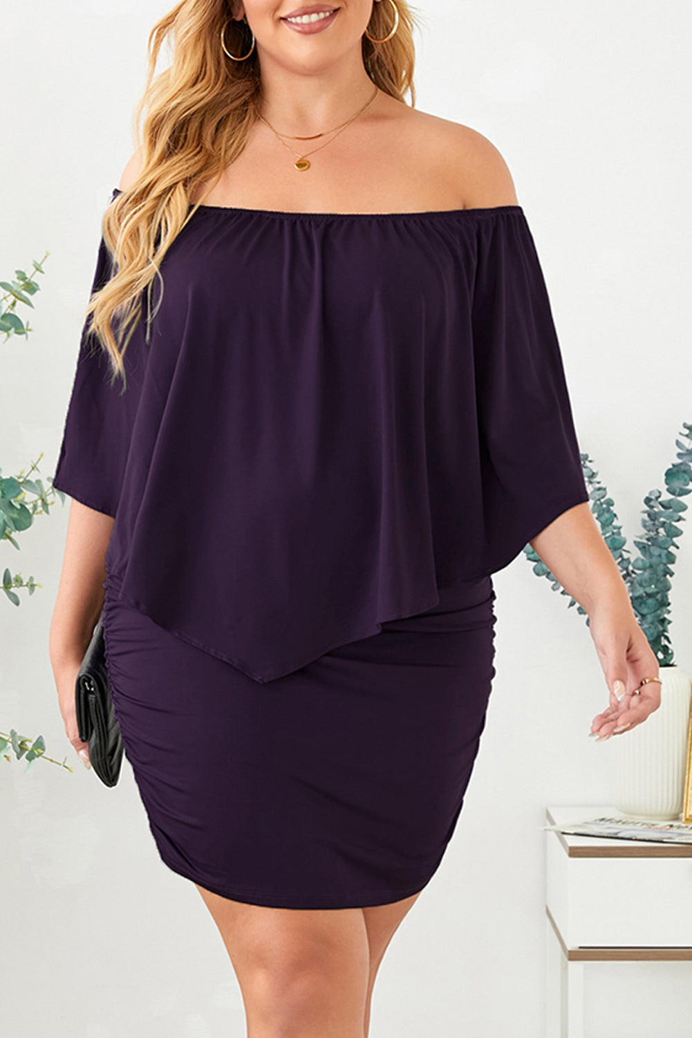 Full Size Off-Shoulder Half Sleeve Dress Plum S 