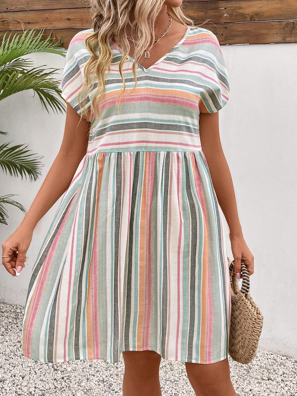 Striped V-Neck Short Sleeve Dress Stripe S 