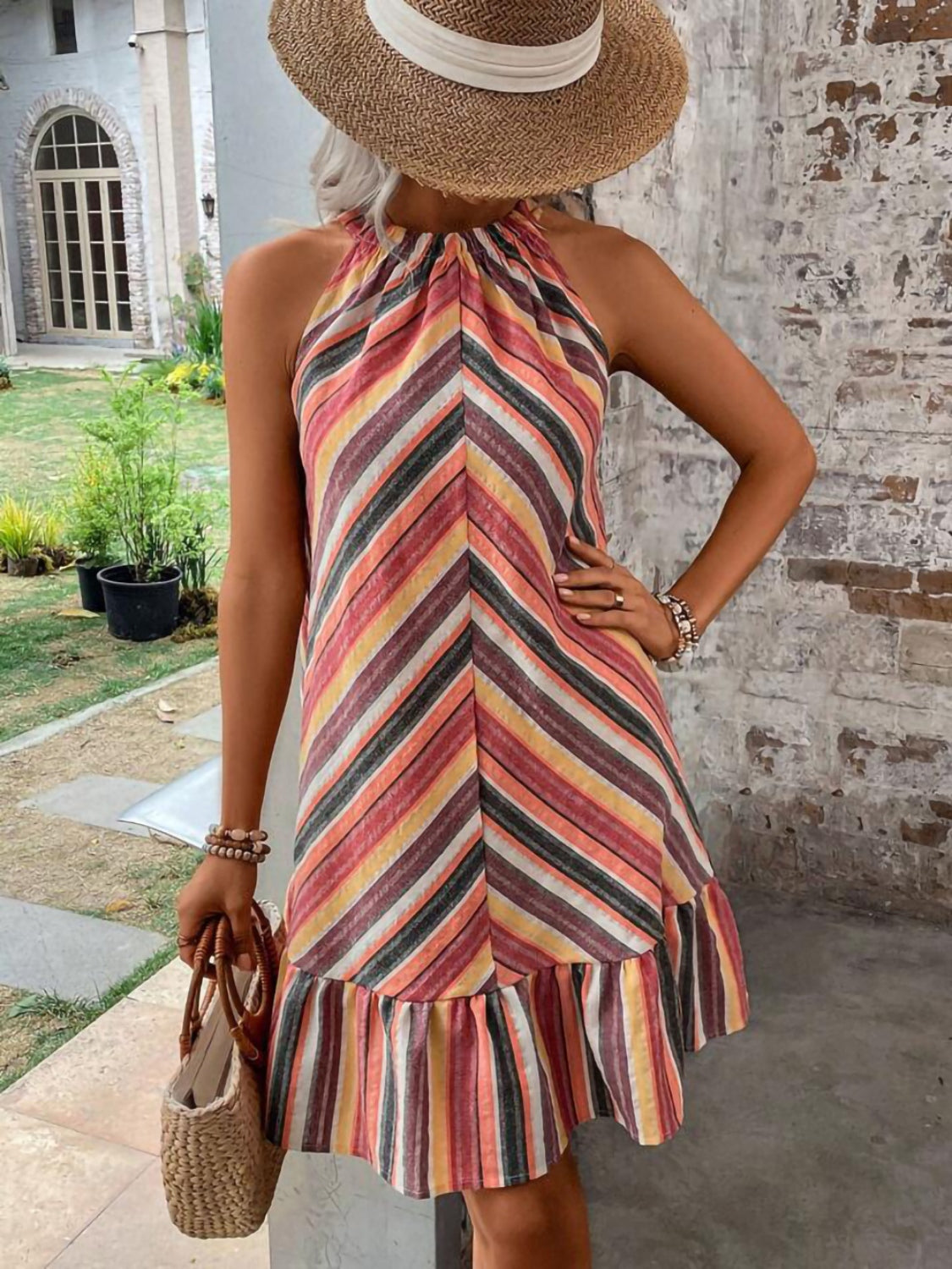 Striped Grecian Neck Dress   