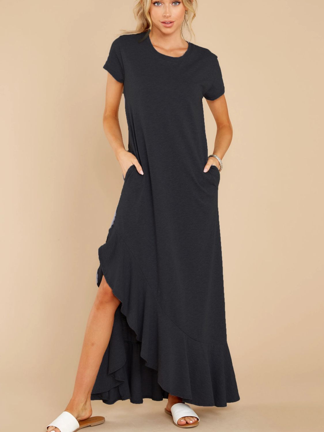 Slit Round Neck Short Sleeve Maxi Dress Black S 