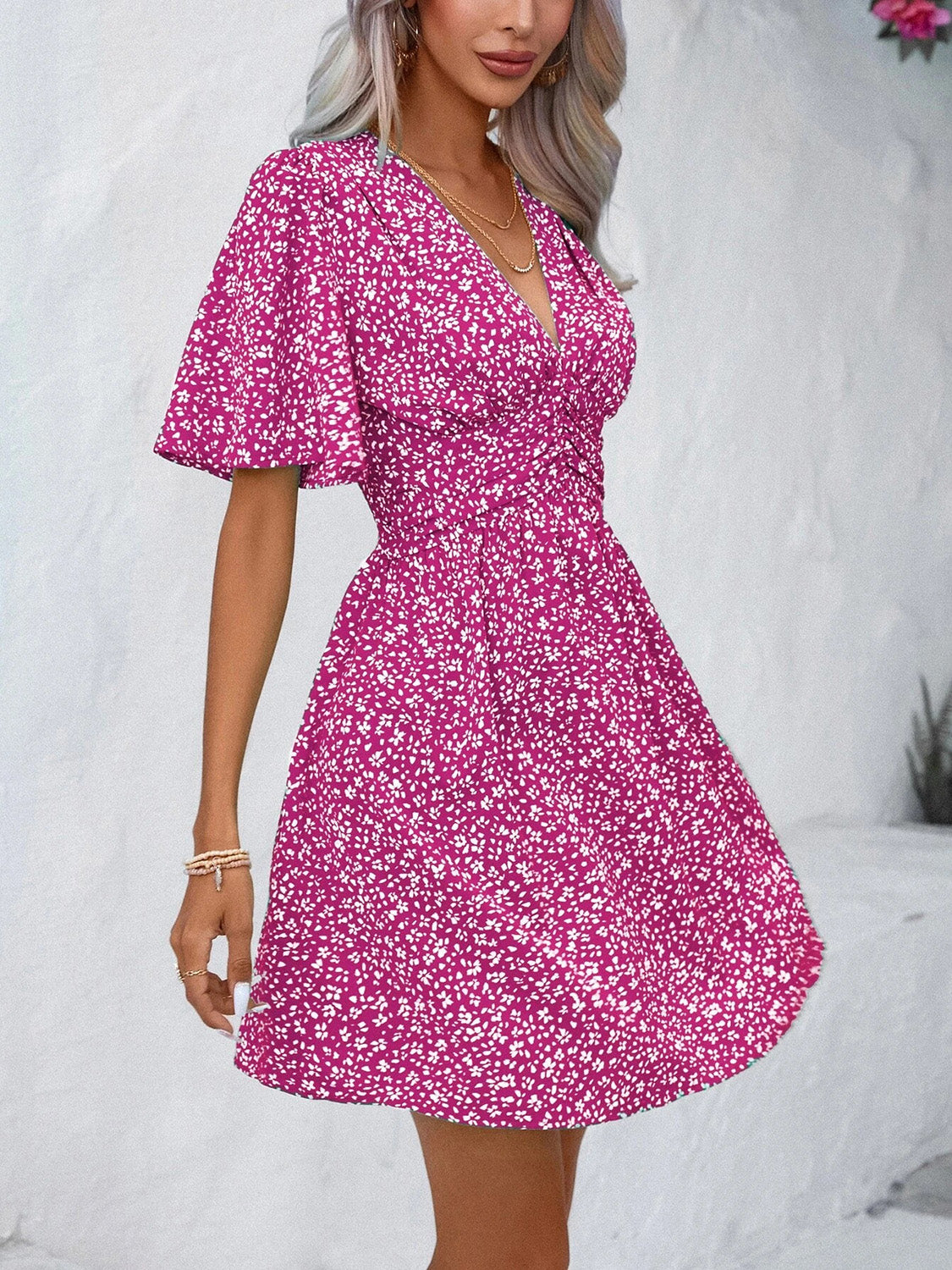 Printed V-Neck Half Sleeve Mini Dress   