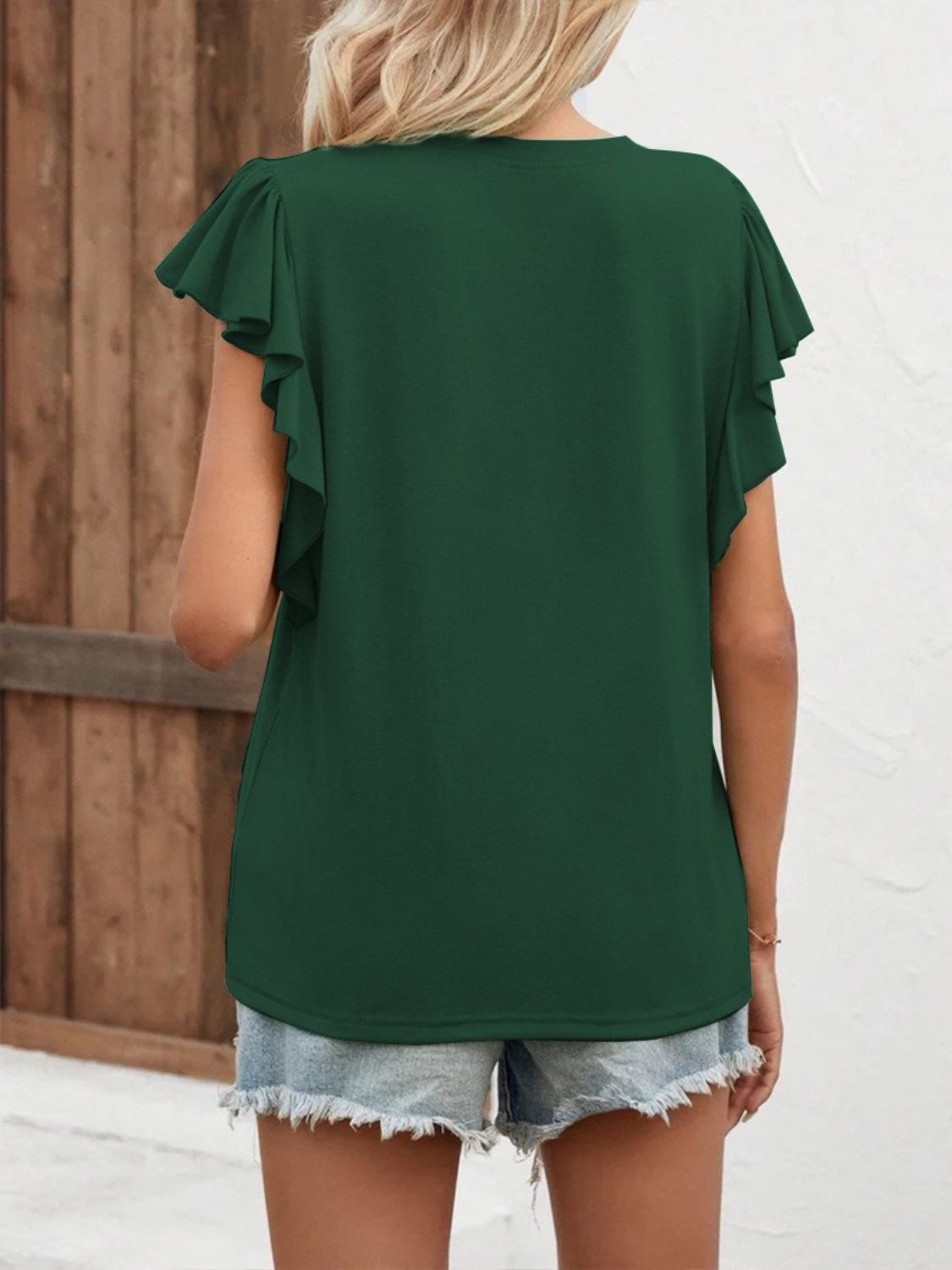 STUNNLY  Full Size Ruffled Notched Cap Sleeve T-Shirt   