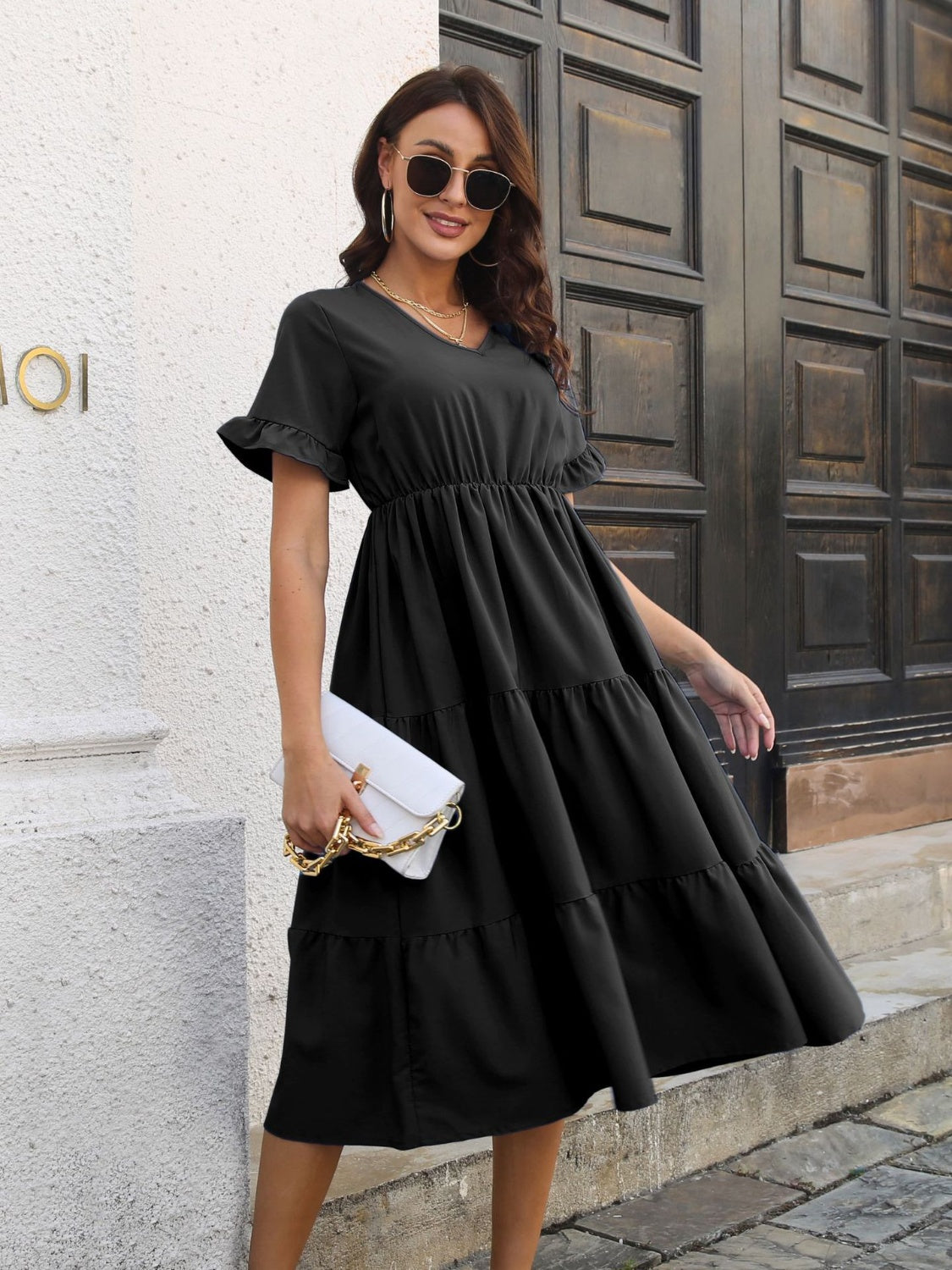 V-Neck Short Sleeve Midi Dress   