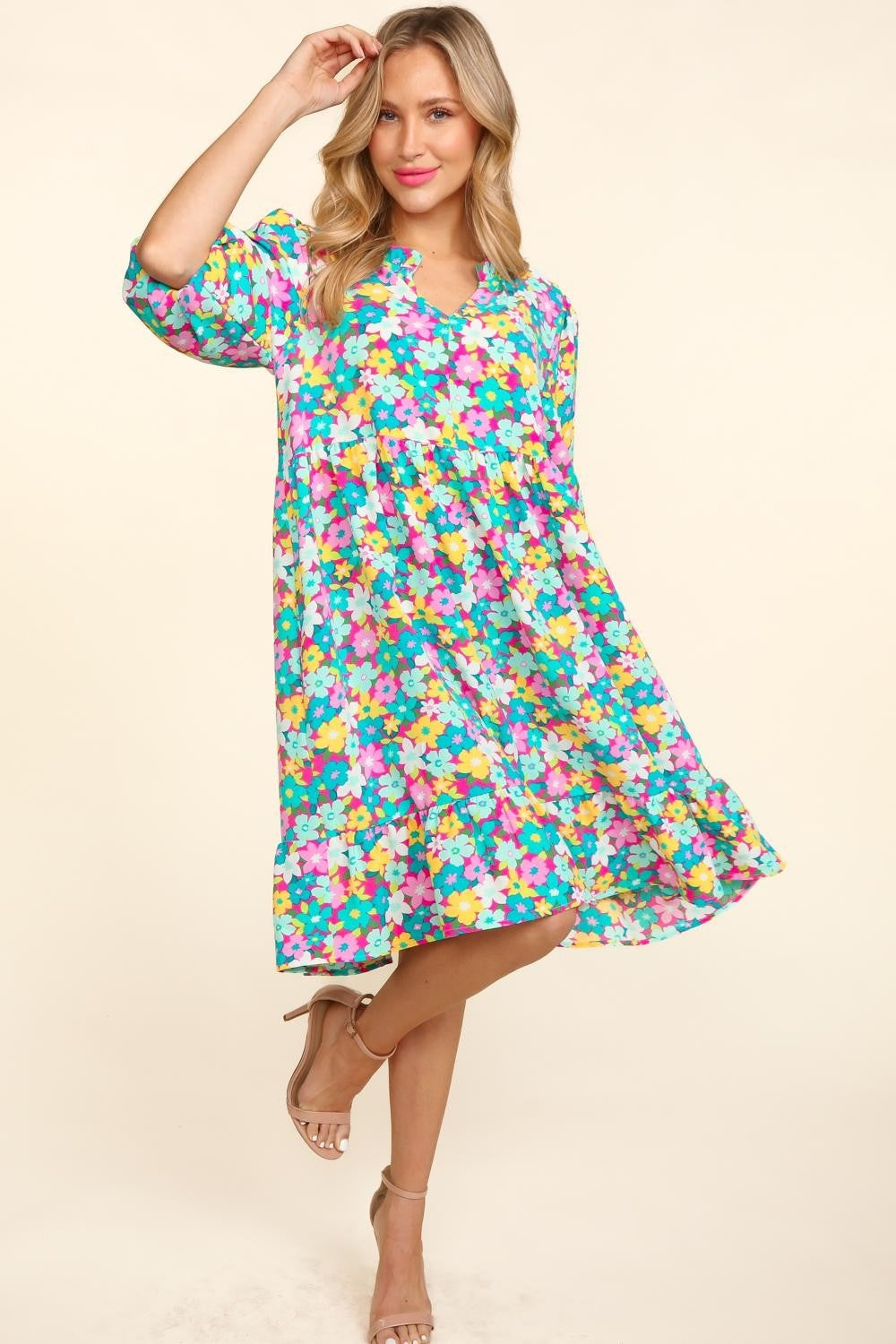 Haptics Bubble Sleeve Floral Ruffled Dress   