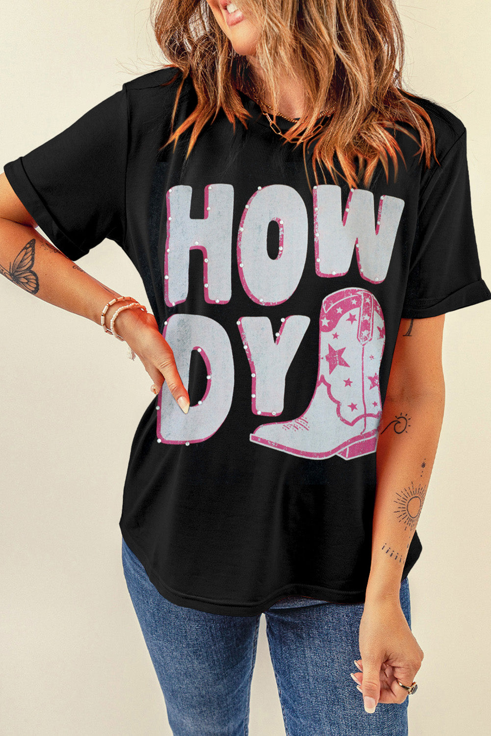 STUNNLY  HOWDY Round Neck Short Sleeve T-Shirt Black S 