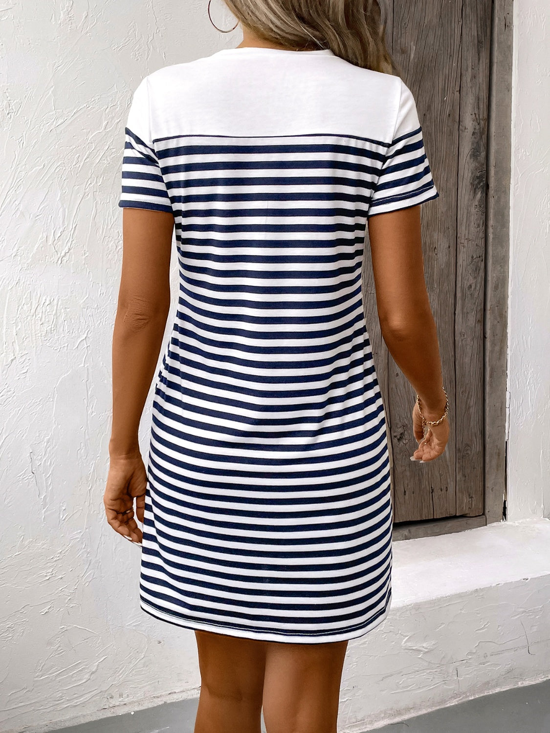 Striped Round Neck Short Sleeve Mini Dress   